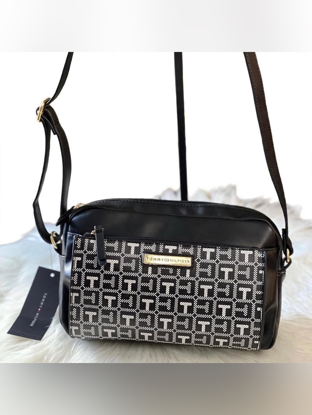 NWT Tommy Hilfiger Monogram Crossbody Bag Black TH Gold Plaque